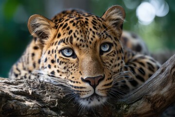 Fototapeta premium Leopard resting on a tree branch in a lush jungle setting during the day