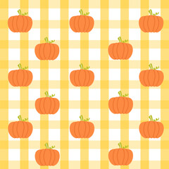 Pumpkin Patch Gingham Harvest. Seamless pattern with autumn pumpkins on plaid