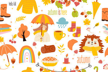 Seamless cute forest animals, fall elements and woman