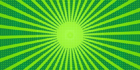 Green comic background. Art pop cartoon light green backdrop. Halftone effect pattern. Fun anime texture. Starburst manga style bg. Mark popart gradient. Bright abstract color.