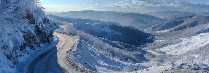 Winter Mountain Road: Serpentine Path Through Snowy Peaks