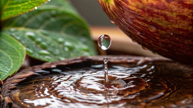 Water droplet falling into a wooden bowl with an apple and green leaves in the background, creating ripples.