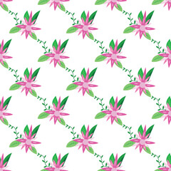 Seamless Pattern of Pink Flowers with Green Leaves on White Background