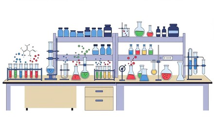 Colorful laboratory illustration featuring various scientific equipment and bubbling liquids.