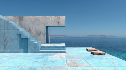 Obraz premium Minimalist concrete architecture overlooks a tranquil blue ocean under a vast, clear sky, inviting serene contemplation.