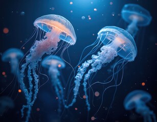 Obraz premium Elegant jellyfish pulsing through the dark blue depths with clusters of bioluminescent plankton surrounding them Generative AI