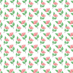 Seamless Pattern of Pink Flowers With Green Leaves on a White Background