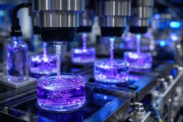 Advanced technology fills petri dishes with purple liquid at a modern research lab