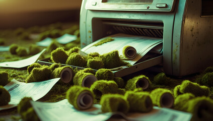 "Ecological Print: A thought-provoking image that reveals a printer, spewing out paper that has been turned into small grass rolls, an unusual ecological concept.