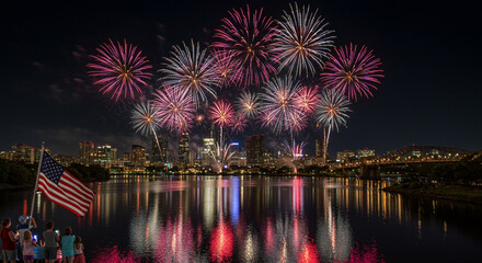 Patriotic celebration illuminates the night sky with fireworks over a city skyline reflecting in a river, perfect for Independence Day.