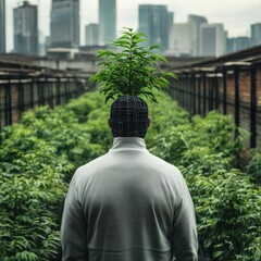 Person with Plant Head in Urban Agricultural Landscape