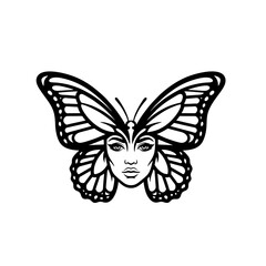 Butterfly Woman Face Logo, Symmetrical Design, Decorative Wings, Bold Line Art