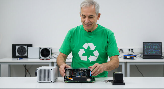 Man carefully handling a computer motherboard, showcasing sustainable technology and electronic repair for a greener future.
