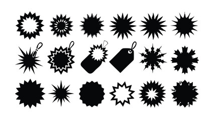 Dynamic Black Vector Silhouette Icon Set of Starbursts for Sale Tags, Promotion Graphics, and Retail Design Projects