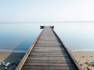 Fototapeta premium Serene Wooden Pier Extending Over Calm Lake on Sandy Shore