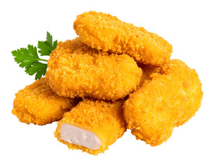 Perfectly fried golden chicken nuggets stacked together, one revealing its tender white meat.