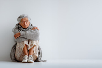 An elderly woman sitting on the floor with a sorrowful face, arms wrapped around her knees