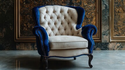 Elegant vintage armchair with tufted upholstery, showcasing a blend of cream and blue tones, set against a textured backdrop, perfect for luxury interior design themes.