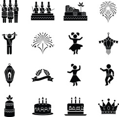 Fototapeta premium Collection of festive celebration icons including parade performers fireworks and cakes