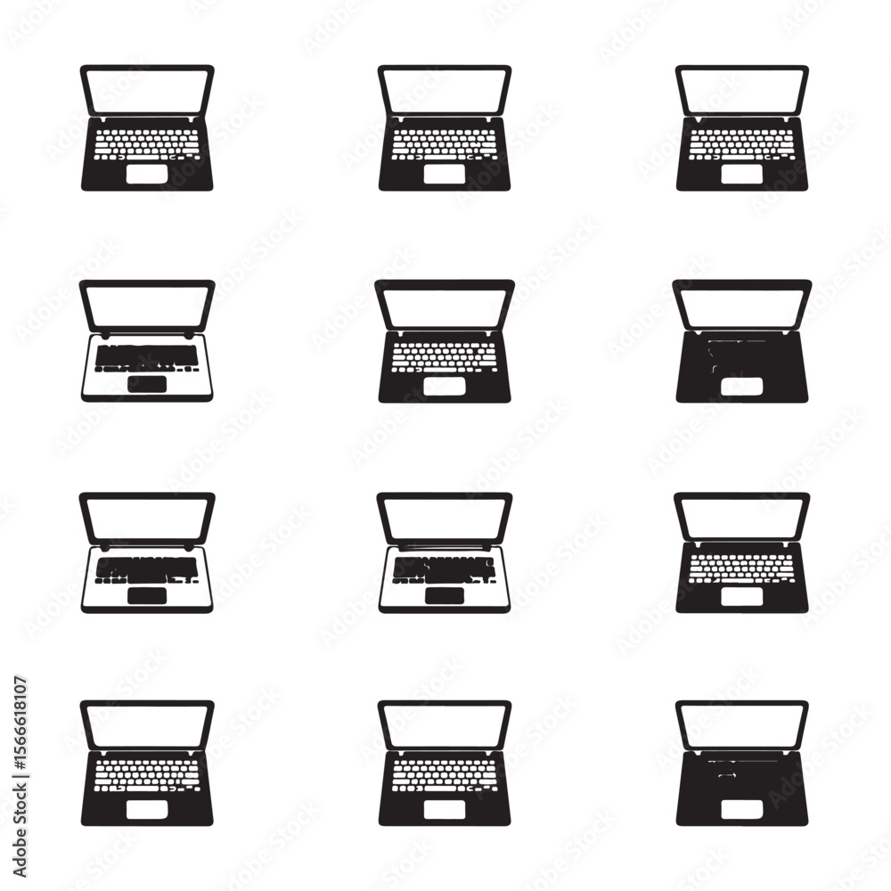 Fototapete Collection of twelve black laptop computer icons in a grid pattern on a white background