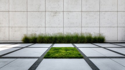 Ornamental grasses framing minimalist concrete wall, square pavers with gravel joints defining contemporary patio design, highlighting clean landscaping aesthetic