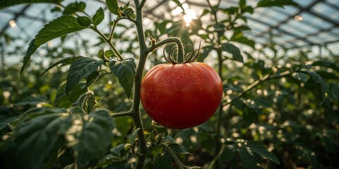 A close up of a ripe tomato hanging on a vine in a greenhouse with sunlight beaming through the roof