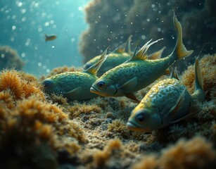 Fototapeta premium Group of parrotfish grazing on algae-covered rocks with clouds of fine sediment swirling around Generative AI