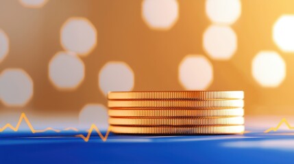 Stacked Golden Coins with Blurred Background and Graph Lines