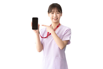 スマホを指差す笑顔の女性医療スタッフ（背景透過PNG）