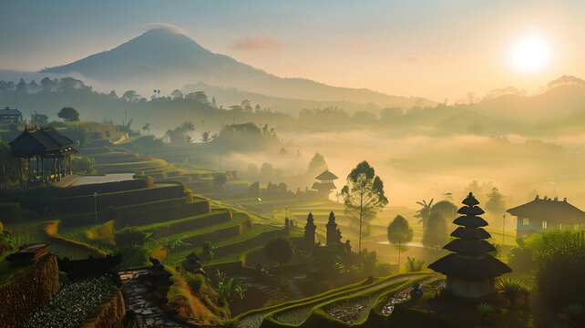 Golden sun rays create a dreamy morning scene above misty hills, trees, and traditional homes in a quiet village