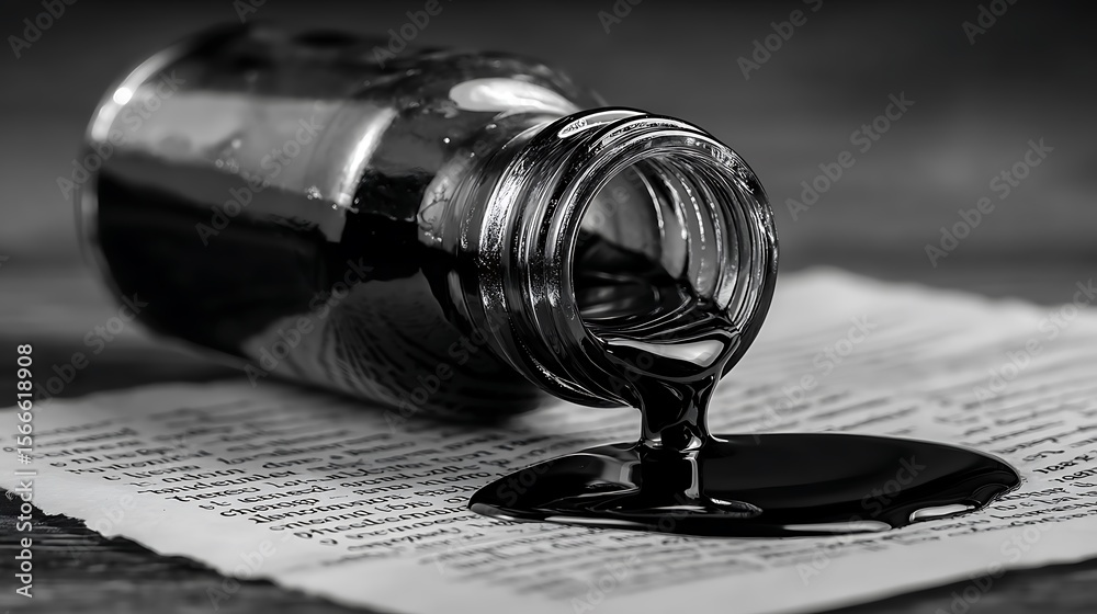 Fototapete ink bottle lying on paper creating a dark pool in a monochrome artistic composition, idea generation