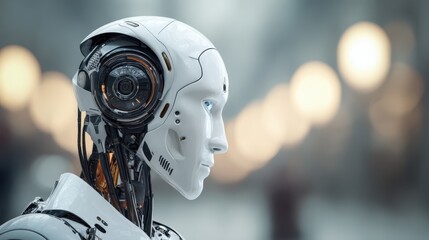 Fototapeta premium Futuristic white robotic form featuring exposed mechanical parts, gazing rightward with sleek chrome surfaces amid softly blurred technological environment