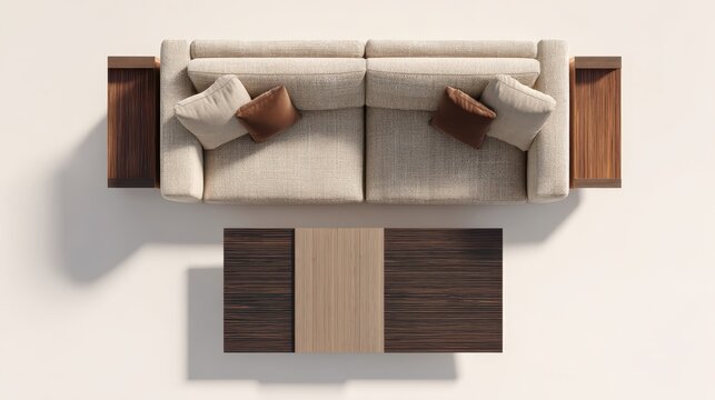 Overhead view of contemporary beige sectional sofa featuring integrated wooden side tables complementing minimalist coffee table in chic living space design