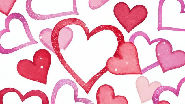Watercolor Hearts Pattern - A cheerful pattern of hand-painted watercolor hearts in varying shades of pink and red. The hearts overlap and intermingle, creating a romantic and festive design.