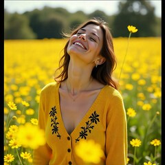 A joyful woman stands in the middle of a sun