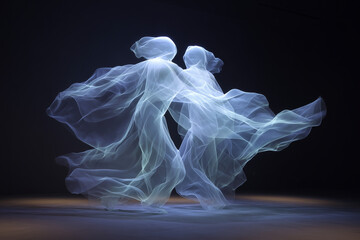 Two translucent human figures are intertwined in a dance pose
