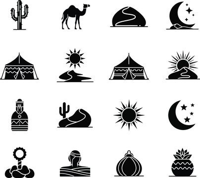 Collection of black and white icons representing desert life and travel