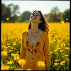 A joyful woman stands in the middle of a sun
