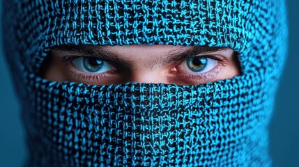Intense Gaze of a Mysterious Figure in Blue Knit Mask