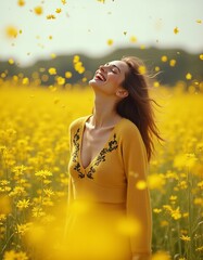 A joyful woman stands in the middle of a sun