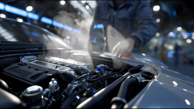 A car engine is smoking and has a red light on it