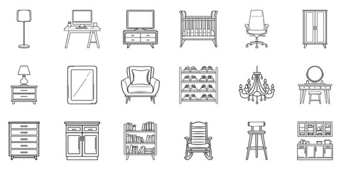 Furniture And Home Decor Icon Set. Interior Design And Decoration Elements Collection. Isolated Vector Illustration