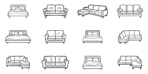 Bed And Sofa Furniture Illustration Set. Home Interior Design Concepts Collection. Isolated Vector Illustration