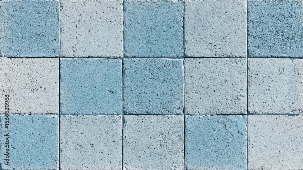 Poster blue and white square tiles creating geometric checkered pattern, providing clean modern background 