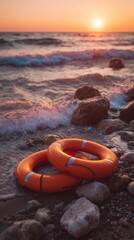 Obraz premium Life Preservers on the Beach at Sunset with Inflatable Ring