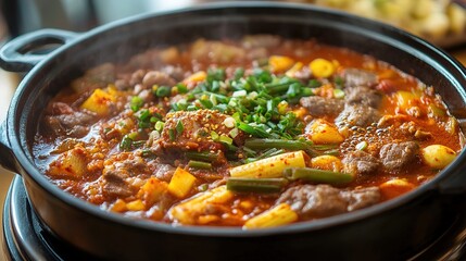 A steaming hot pot of spicy Korean stew with beef, potatoes, vegetables, and garnished with chopped green onions and red pepper flakes.