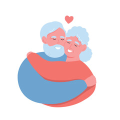 Elderly gray-haired couple in love together. Old people hug each other. Vector flat graphics.