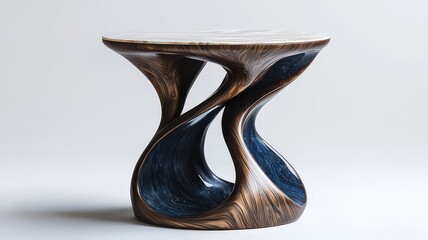 Modern sculptural side table with dynamic curves and a rich wood finish, perfect for contemporary interior design and stylish home decor.