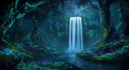 Enchanted Waterfall: Bioluminescent Forest Scene with Glowing Flora and Fauna