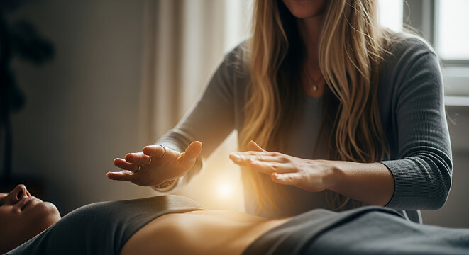 Energy healing hands performing a therapy session on a relaxed person